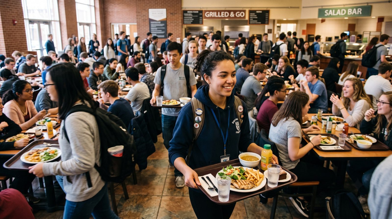 Smiling college student carrying a lunch tray through a crowded campus dining hall
