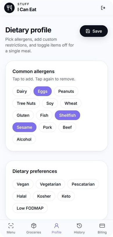 Stuff I Can Eat dietary profile screen with common allergens and dietary preferences selected