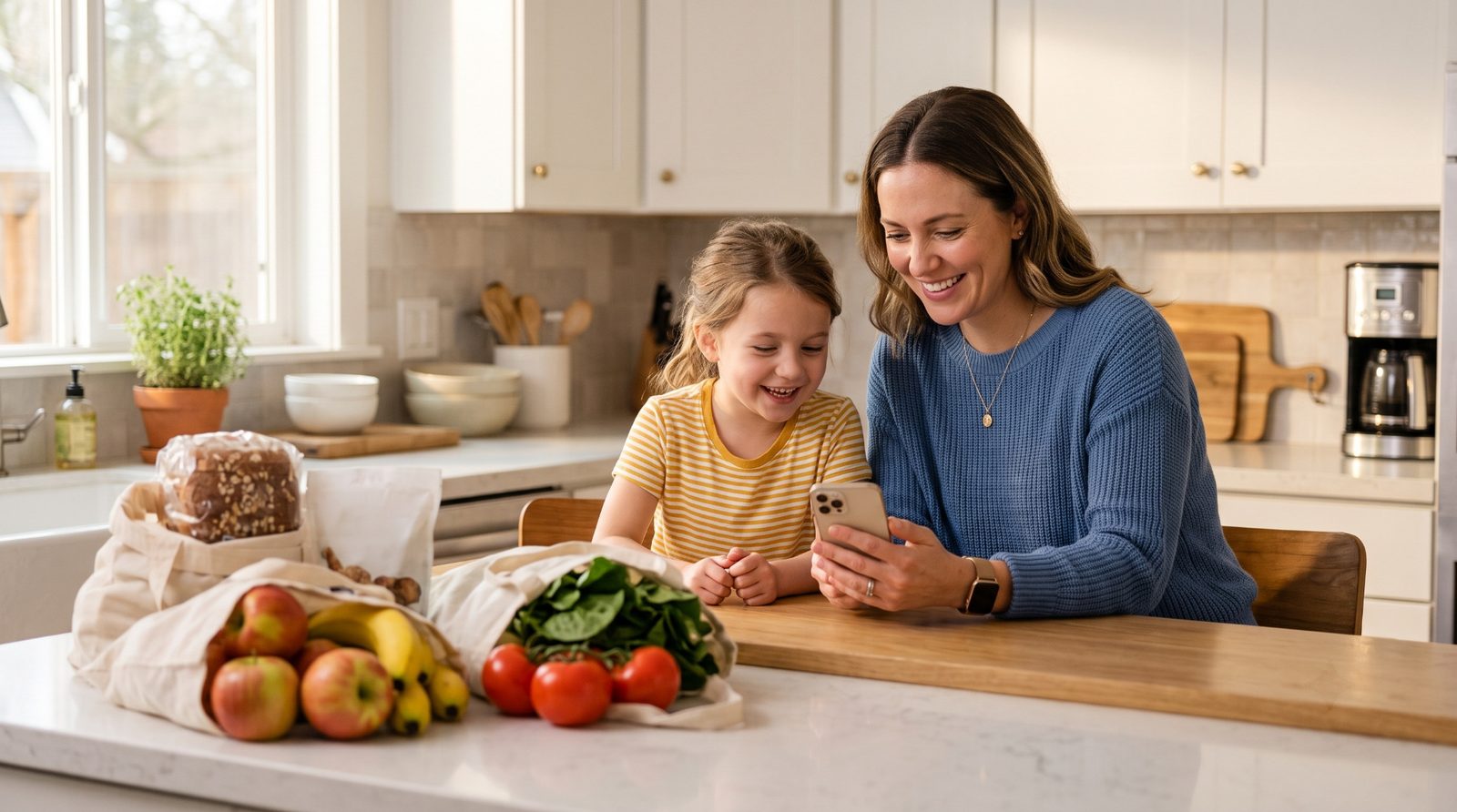 Mother and young daughter smiling at a smartphone in a bright kitchen with fresh groceries on the counter