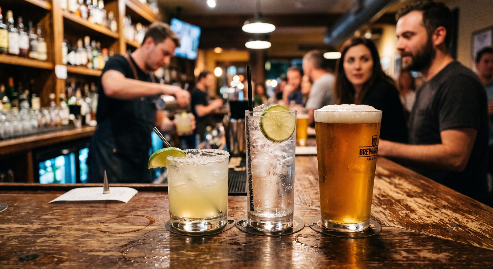 Margarita, sparkling water with lime, and a pint of pale ale lined up on a wooden bar top
