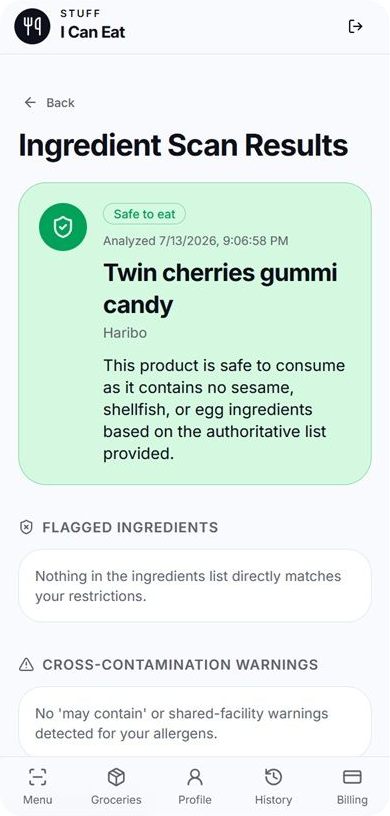 Ingredient scan results screen showing a packaged snack marked safe to eat