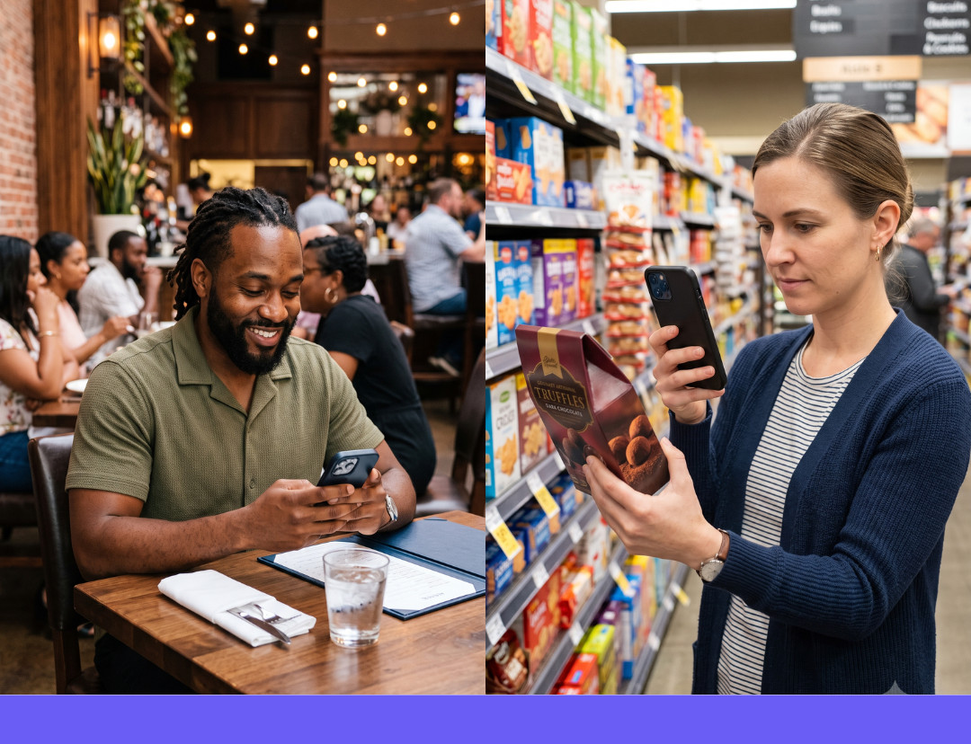 Man scanning a restaurant menu and woman checking grocery ingredients with Stuff I Can Eat