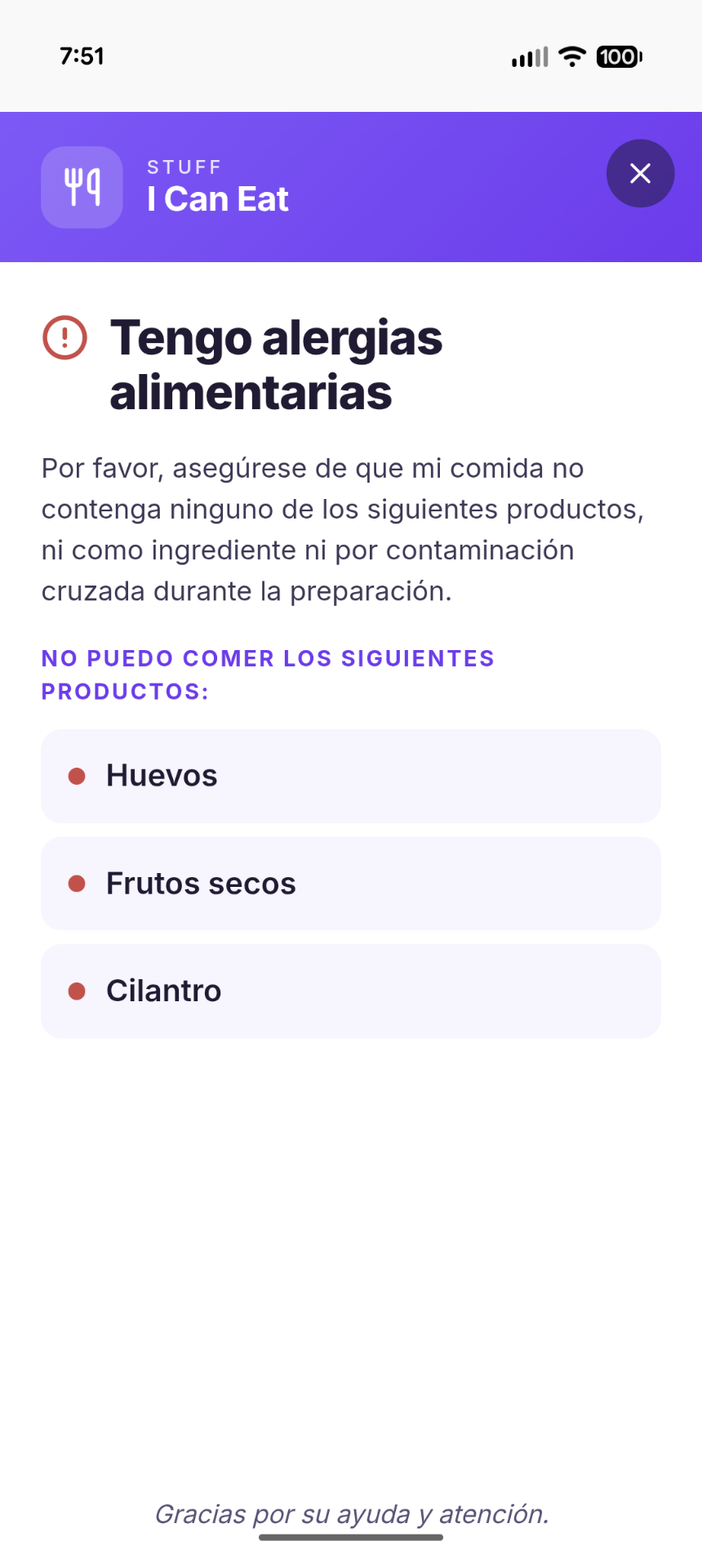 Screenshot of a Spanish-language allergy card in Stuff I Can Eat